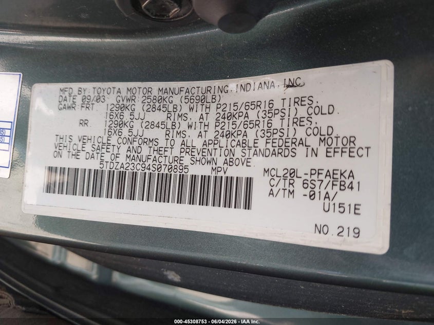 2004 Toyota Sienna VIN 5TDZA23C94S070895 IAAI salvage auction — NORMAL WEAR, Salvage (Texas), sold $1,075 on 2026-07-28 (photo 9)