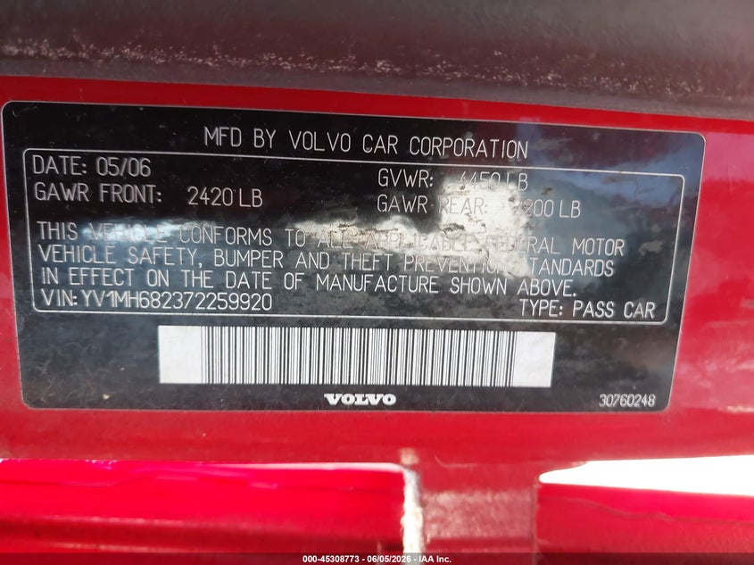 2007 Volvo S40 VIN YV1MH682372259920 IAAI salvage auction — NORMAL WEAR, Clear (New York), sold $575 on 2026-07-21 (photo 9)