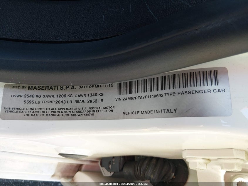 2015 Maserati Ghibli VIN ZAM57RTA7F1149692 IAAI salvage auction — NORMAL WEAR, Clear (South Carolina), sold $2,050 on 2026-08-05 (photo 9)