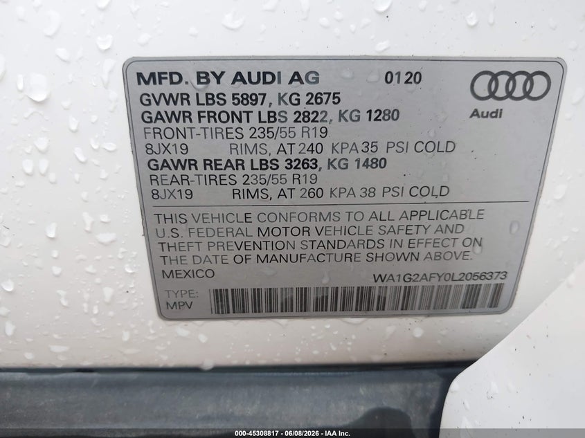 2020 Audi Q5 VIN WA1G2AFY0L2056373 IAAI salvage auction — FRONT END, Salvage Title, sold $6,300 on 2026-07-26 (photo 9)