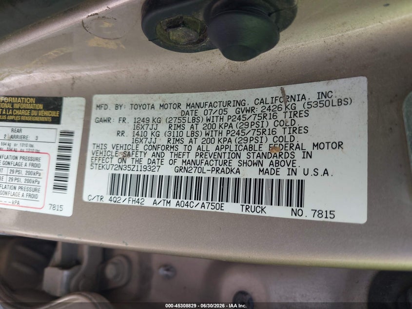 2005 Toyota Tacoma VIN 5TEKU72N35Z119327 IAAI salvage auction — FRONT END, Salvage (Tennessee), sold $1,600 on 2026-07-14 (photo 9)
