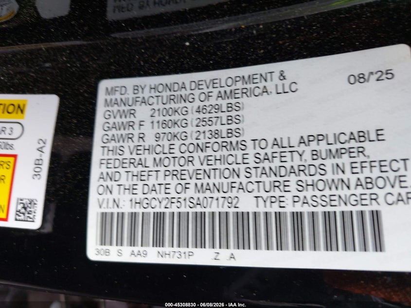 2025 Honda Accord VIN 1HGCY2F51SA071792 IAAI salvage auction — FRONT END, Salvage (Michigan), sold $9,000 on 2026-07-30 (photo 9)