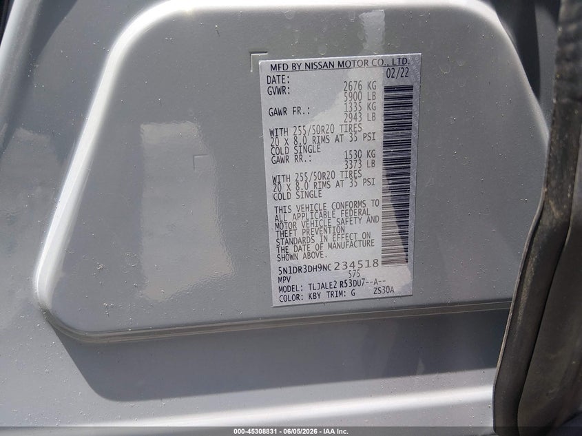 2022 Nissan Pathfinder VIN 5N1DR3DH9NC234518 IAAI salvage auction — FRONT & REAR, Salvage Title, sold $7,700 on 2026-07-29 (photo 9)