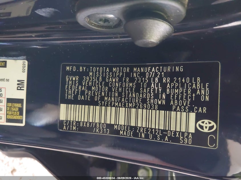 2021 Toyota Corolla VIN 5YFEPMAEXMP269038 IAAI salvage auction — LEFT REAR, Salvage Title, sold $3,950 on 2026-07-09 (photo 9)