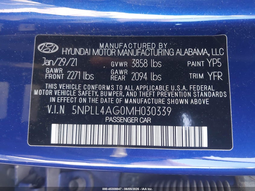 2021 Hyundai Elantra VIN 5NPLL4AG0MH030339 IAAI salvage auction — REAR END, Salvage (Georgia), sold $3,000 on 2026-07-31 (photo 9)