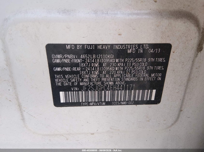 2014 Subaru Forester VIN JF2SJGPC4EH441171 IAAI salvage auction — REAR END, Salvage Title, sold $625 on 2026-07-14 (photo 9)