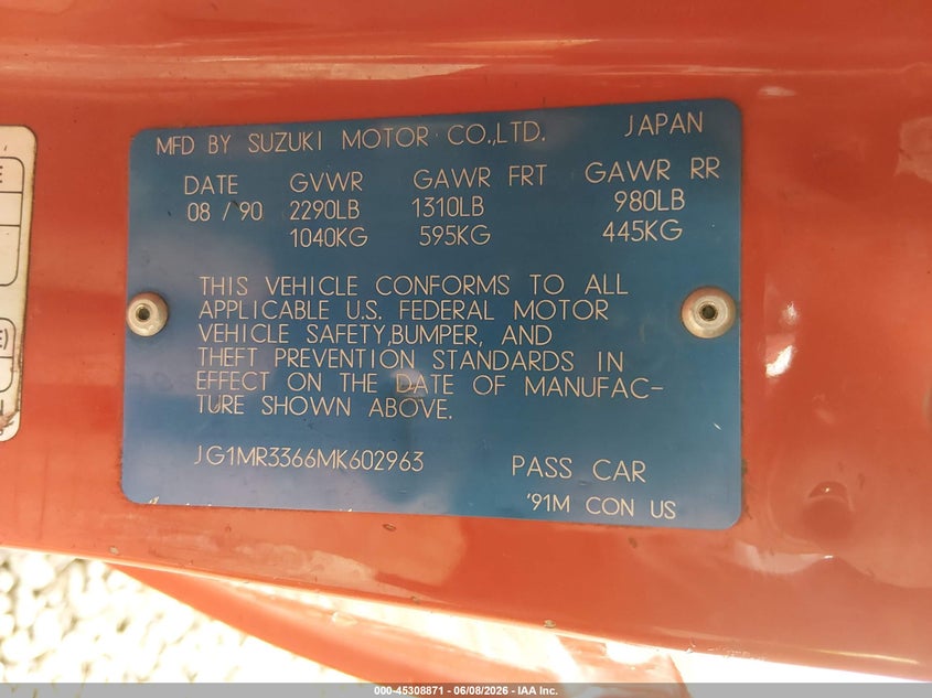 1991 Geo Metro VIN JG1MR3366MK602963 IAAI salvage auction — NORMAL WEAR, Clear - Public Restricted (Oregon), sold $2,950 on 2026-07-06 (photo 9)