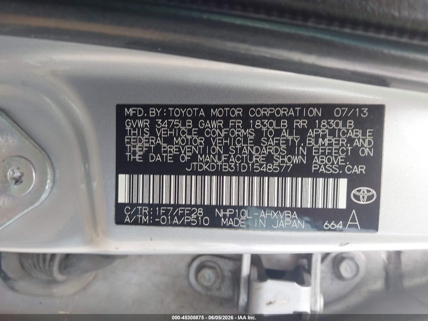 2013 Toyota Prius c VIN JTDKDTB31D1548577 IAAI salvage auction — ROLLOVER, Salvage Title, sold $250 on 2026-07-14 (photo 9)