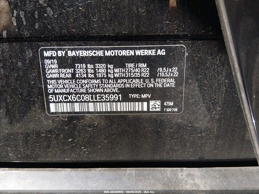 2020 BMW X7 VIN 5UXCX6C08LLE35991 IAAI salvage auction — FRONT END, Salvage (South Carolina), sold $6,300 on 2026-07-28 (photo 9)
