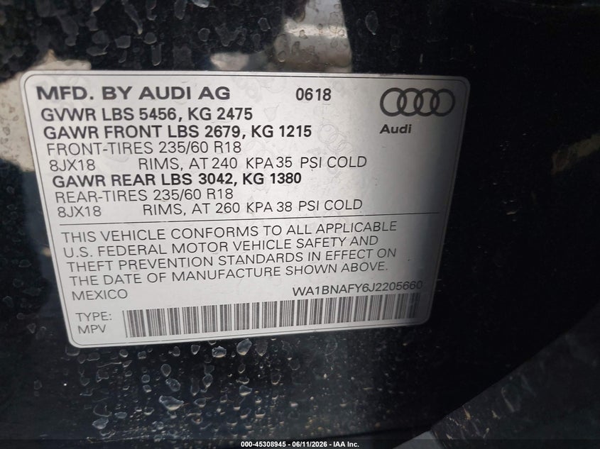 2018 Audi Q5 VIN WA1BNAFY6J2205660 IAAI salvage auction — FRONT END, Salvage (California), sold $7,800 on 2026-07-28 (photo 9)