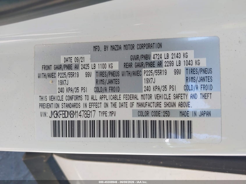 2021 Mazda Cx-5 VIN JM3KFBDM8M1478917 IAAI salvage auction — SIDE, Salvage Title, sold $7,800 on 2026-07-28 (photo 9)