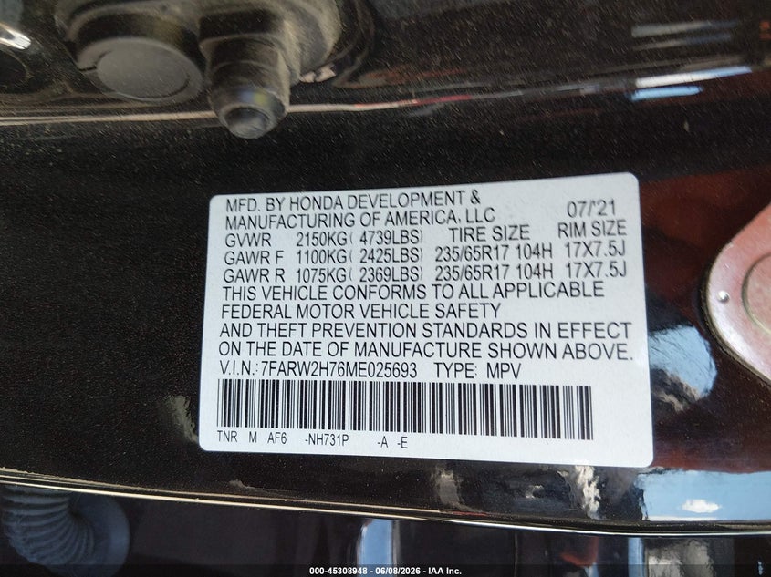 2021 Honda Cr-v VIN 7FARW2H76ME025693 IAAI salvage auction — FRONT END, Salvage Title, sold $8,250 on 2026-08-22 (photo 9)
