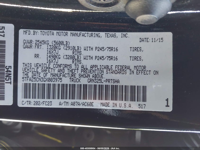2016 Toyota Tacoma VIN 5TFAZ5CN3GX003975 IAAI salvage auction — FRONT END, Salvage (Georgia), sold $9,800 on 2026-07-31 (photo 9)