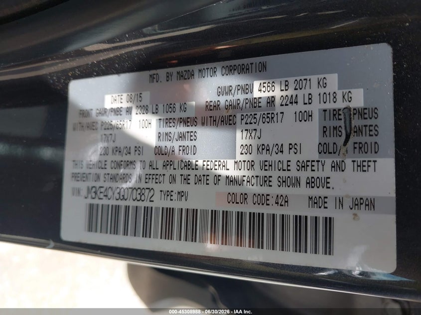 2016 Mazda Cx-5 VIN JM3KE4CY3G0703872 IAAI salvage auction — REAR END, Salvage (North Carolina), sold $3,400 on 2026-07-27 (photo 9)