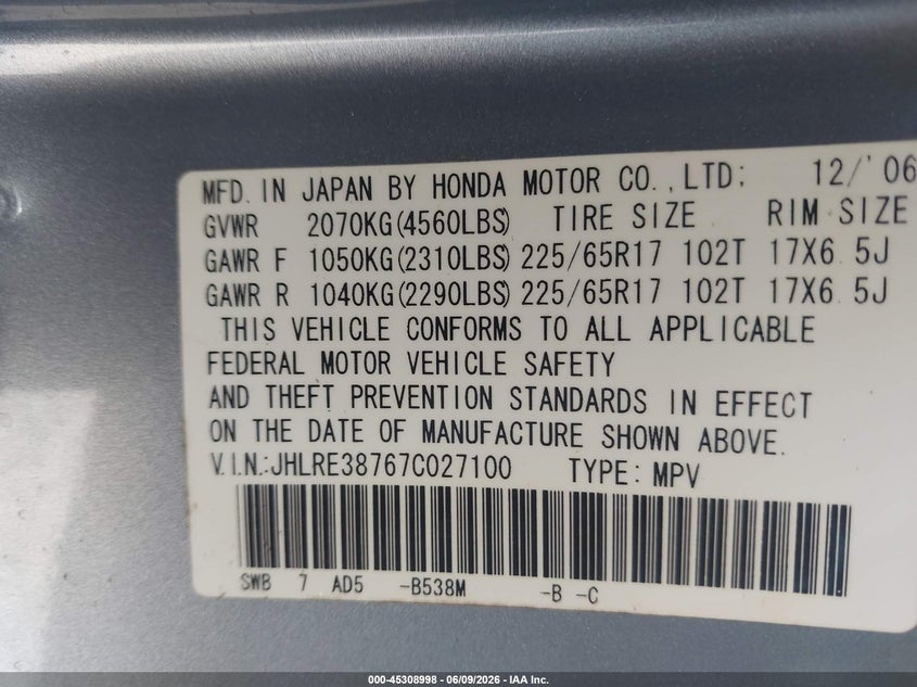 2007 Honda Cr-v VIN JHLRE38767C027100 IAAI salvage auction — SIDE, Salvage (South Carolina), sold $1,400 on 2026-07-15 (photo 9)