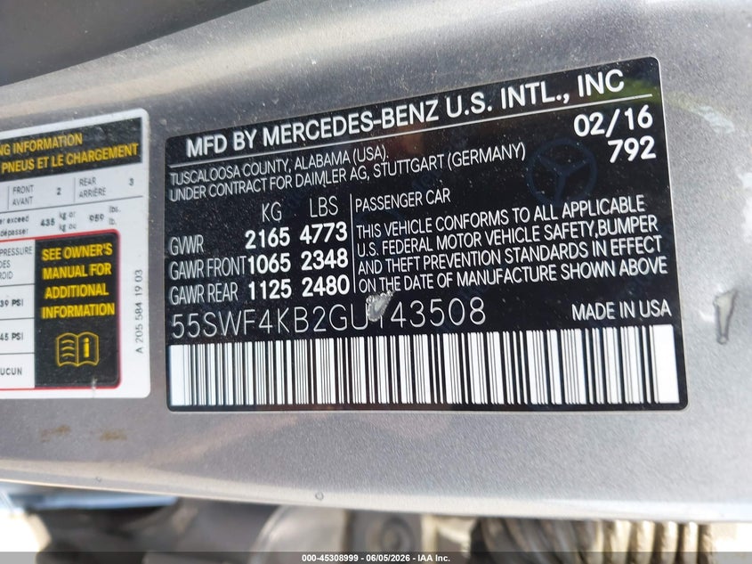 2016 Mercedes-benz C-klasse VIN 55SWF4KB2GU143508 IAAI salvage auction — FRONT END, Salvage (Virginia), sold $2,650 on 2026-07-28 (photo 9)