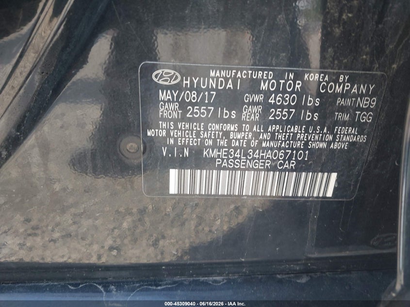 2017 Hyundai Sonata VIN KMHE34L34HA067101 IAAI salvage auction — FRONT END, Salvage Title, sold $2,650 on 2026-08-01 (photo 9)