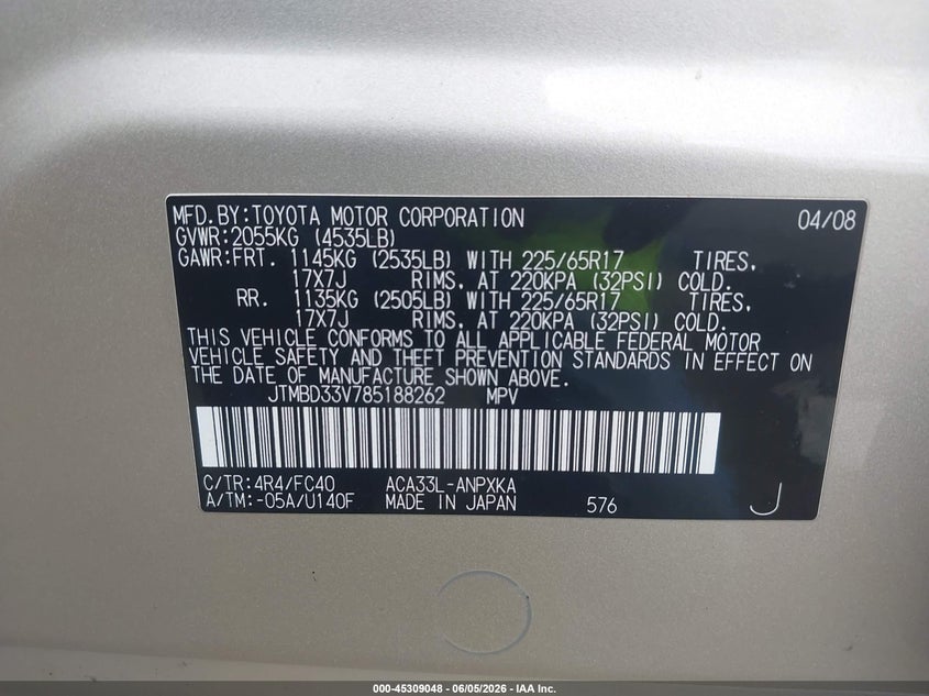 2008 Toyota Rav 4 VIN JTMBD33V785188262 IAAI salvage auction — FRONT END, Salvage (Idaho), sold $1,050 on 2026-07-21 (photo 9)