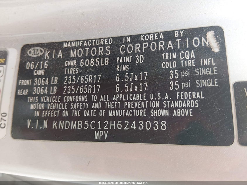 2017 Kia SEDONA VIN KNDMB5C12H6243038 IAAI salvage auction — UNDERCARRIAGE, Salvage Title, sold $900 on 2026-07-08 (photo 9)