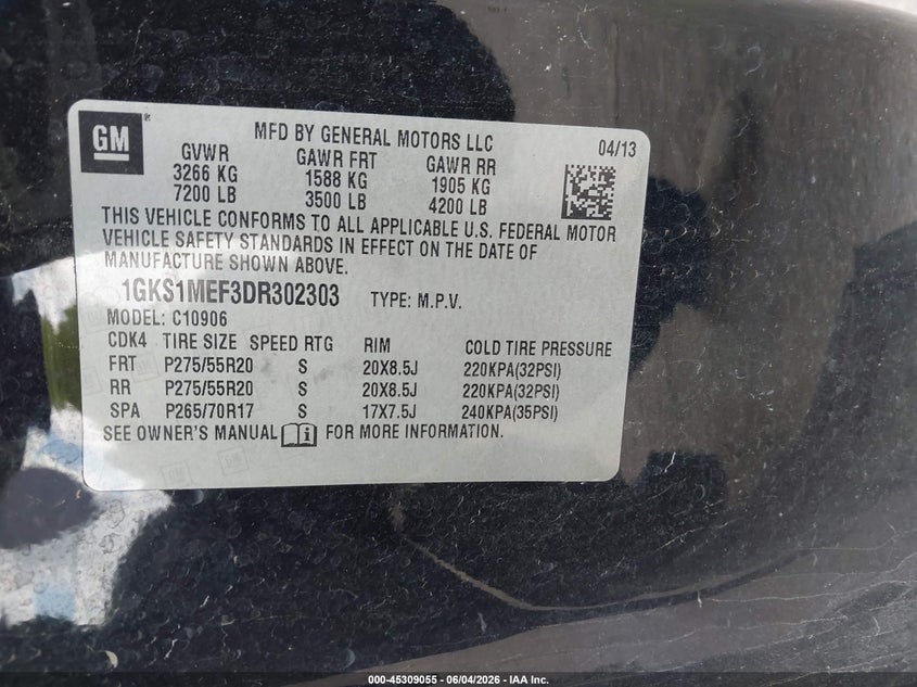 2013 Gmc Yukon xl VIN 1GKS1MEF3DR302303 IAAI salvage auction — RIGHT SIDE, Original (Texas), sold $1,450 on 2026-07-10 (photo 9)