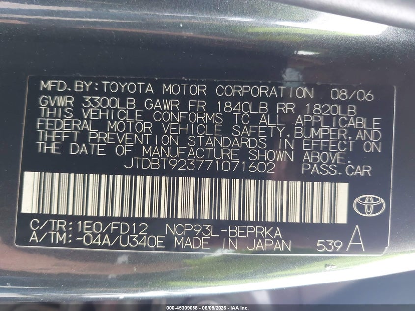 2007 Toyota Yaris VIN JTDBT923771071602 IAAI salvage auction — FRONT END, Clear (Indiana), sold $200 on 2026-07-21 (photo 9)