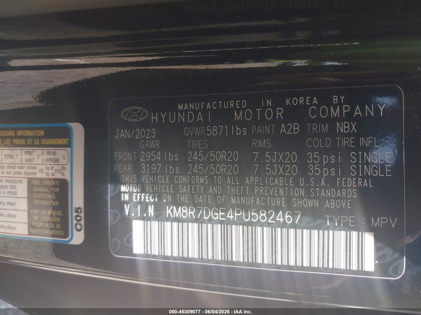 2023 Hyundai Palisade VIN KM8R7DGE4PU582467 IAAI salvage auction — REAR END, Salvage Title, sold $11,400 on 2026-07-29 (photo 9)