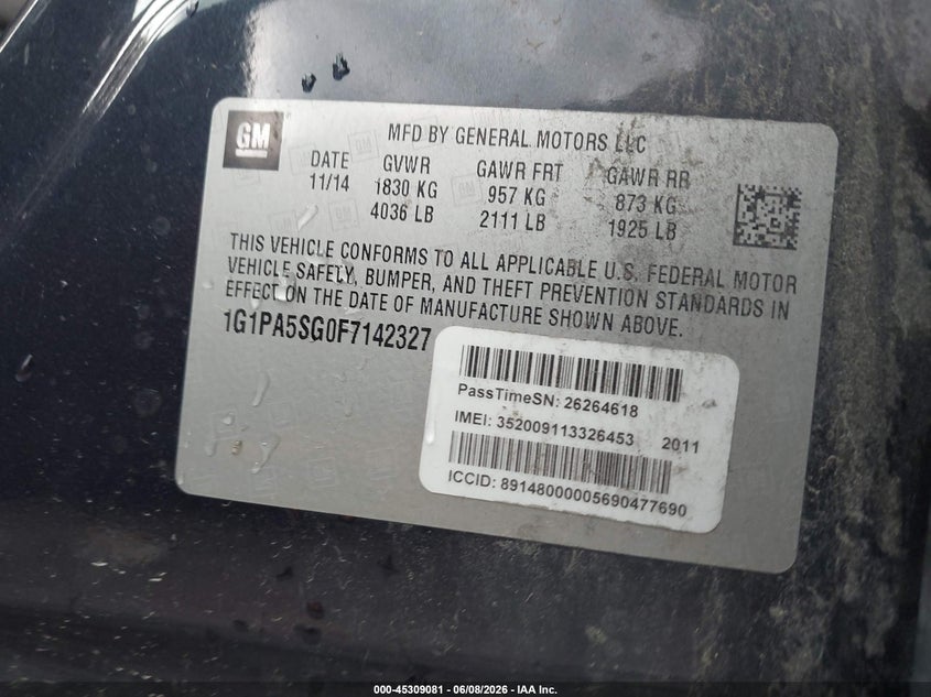 2015 Chevrolet Cruze VIN 1G1PA5SG0F7142327 IAAI salvage auction — LEFT SIDE, Salvage Title, sold $350 on 2026-07-09 (photo 9)