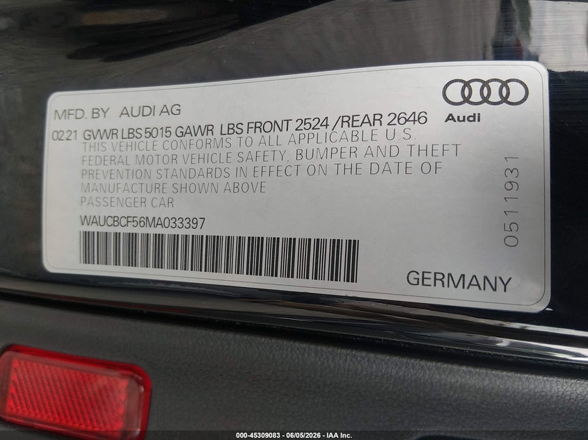2021 Audi A5 VIN WAUCBCF56MA033397 IAAI salvage auction — LEFT FRONT, Salvage (Illinois), sold $5,400 on 2026-07-28 (photo 9)