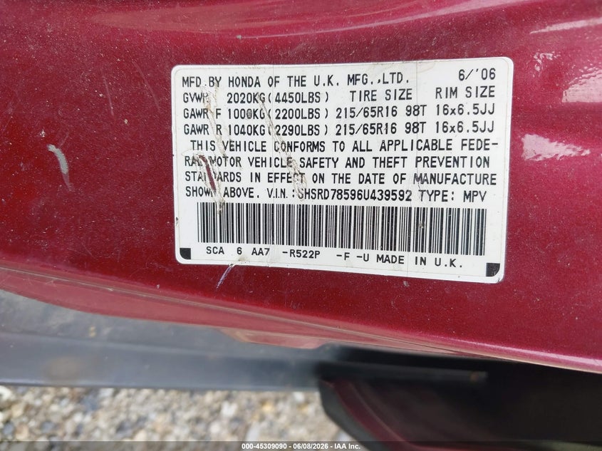 2006 Honda Cr-v VIN SHSRD78596U439592 IAAI salvage auction — FRONT END, Salvage (Ohio), sold $250 on 2026-07-07 (photo 9)