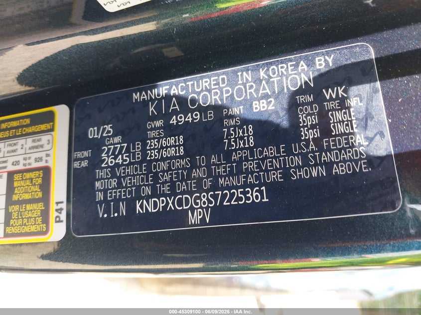 2025 Kia Sportage VIN KNDPXCDG8S7225361 IAAI salvage auction — ROLLOVER, Salvage (Indiana), sold $5,700 on 2026-07-15 (photo 9)