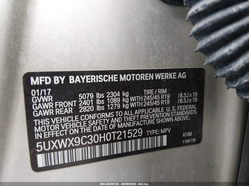 2017 BMW X3 VIN 5UXWX9C30H0T21529 IAAI salvage auction — REAR END, Salvage (Illinois), sold $3,600 on 2026-07-28 (photo 9)