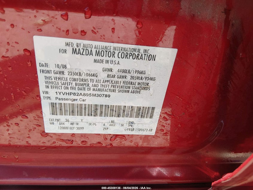 2009 Mazda 6 VIN 1YVHP82A895M30789 IAAI salvage auction — NORMAL WEAR, Salvage (South Carolina), sold $400 on 2026-07-09 (photo 9)