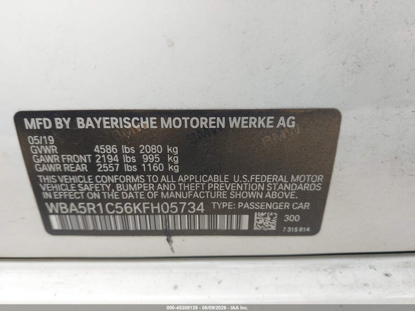 2019 BMW 3er VIN WBA5R1C56KFH05734 IAAI salvage auction — FRONT END, Salvage - Greater Than 75% (Maryland), sold $3,400 on 2026-08-01 (photo 9)
