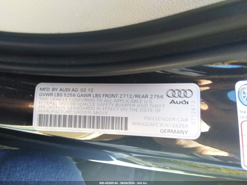 2012 Audi A6 VIN WAUGGAFC3CN126259 IAAI salvage auction — LEFT FRONT, Clear - Dealer Only (California), sold $600 on 2026-07-27 (photo 9)