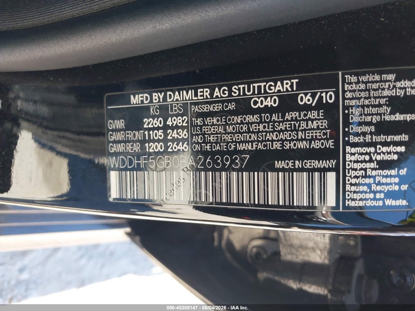 2011 Mercedes-benz E-class VIN WDDHF5GB0BA263937 IAAI salvage auction — FRONT END, Salvage (North Carolina), sold $650 on 2026-08-04 (photo 9)
