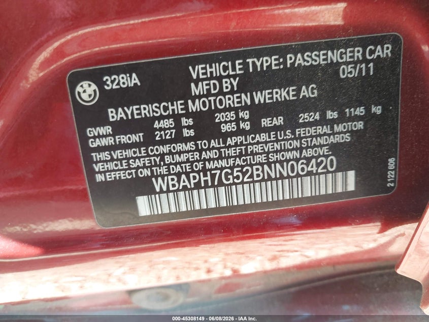 2011 BMW 3er VIN WBAPH7G52BNN06420 IAAI salvage auction — LEFT & RIGHT, Salvage (North Carolina), sold $300 on 2026-07-06 (photo 9)