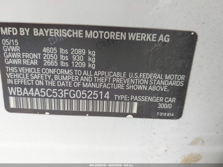 2015 BMW 4er VIN WBA4A5C53FG052514 IAAI salvage auction — NORMAL WEAR, Clear (Florida), sold $475 on 2026-07-16 (photo 9)
