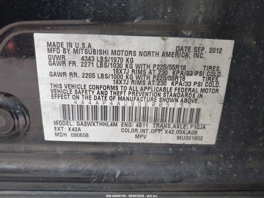 2013 Mitsubishi Outlander VIN 4A4AP4AU9DE005157 IAAI salvage auction — LEFT & RIGHT, Salvage Title, sold $725 on 2026-07-22 (photo 9)