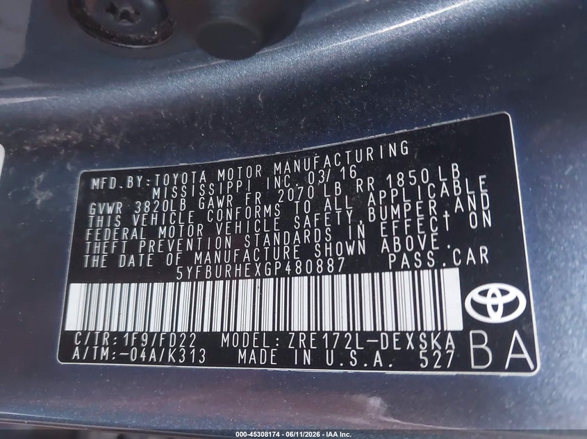 2016 Toyota Corolla VIN 5YFBURHEXGP480887 IAAI salvage auction — SIDE, Clear (Michigan), sold $3,350 on 2026-07-31 (photo 9)