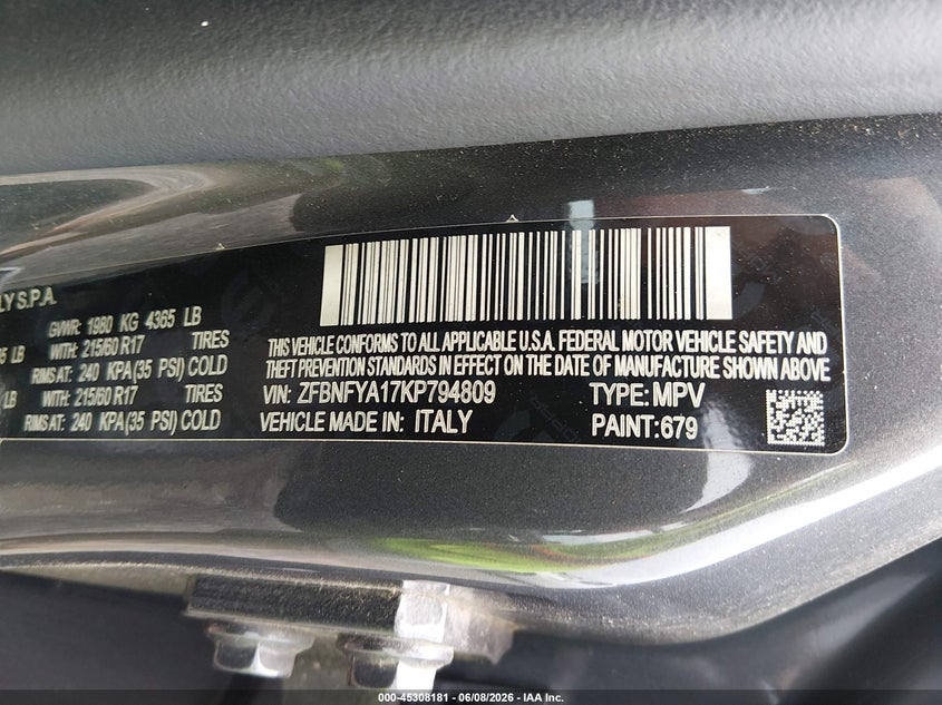 2019 Fiat 500x VIN ZFBNFYA17KP794809 IAAI salvage auction — LEFT SIDE, Salvage Title, sold $2,550 on 2026-07-14 (photo 9)