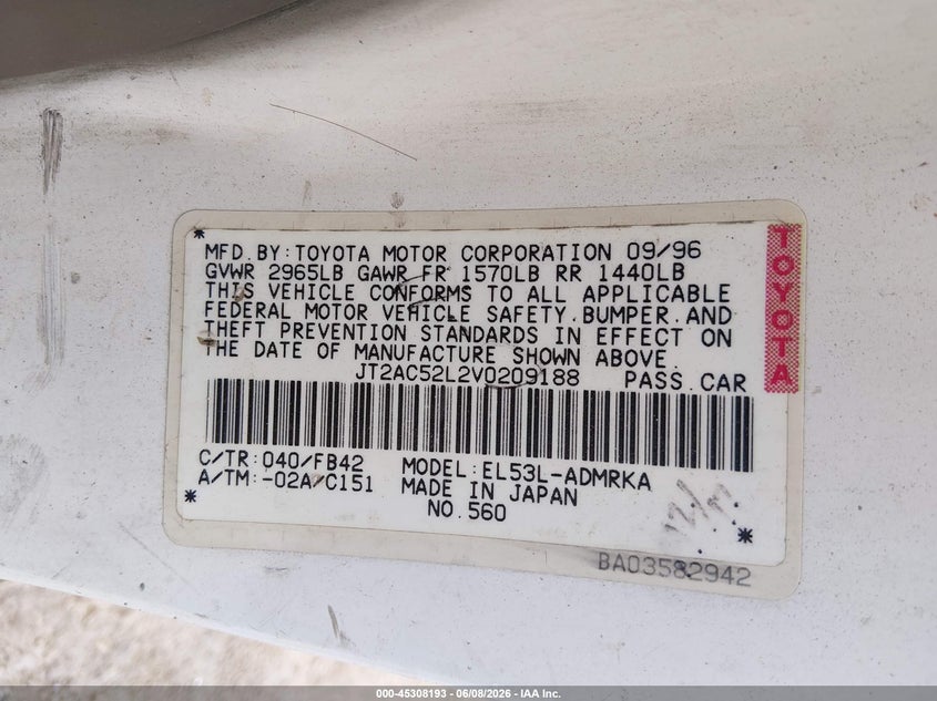 1997 Toyota Tercel VIN JT2AC52L2V0209188 IAAI salvage auction — FRONT END, Salvage (Texas), sold $125 on 2026-07-07 (photo 9)