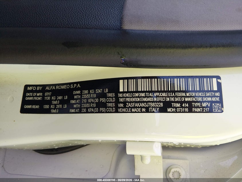 2018 Alfa romeo Stelvio VIN ZASFAKAN3J7B83228 IAAI salvage auction — FRONT END, Salvage Title, sold $5,200 on 2026-08-13 (photo 9)