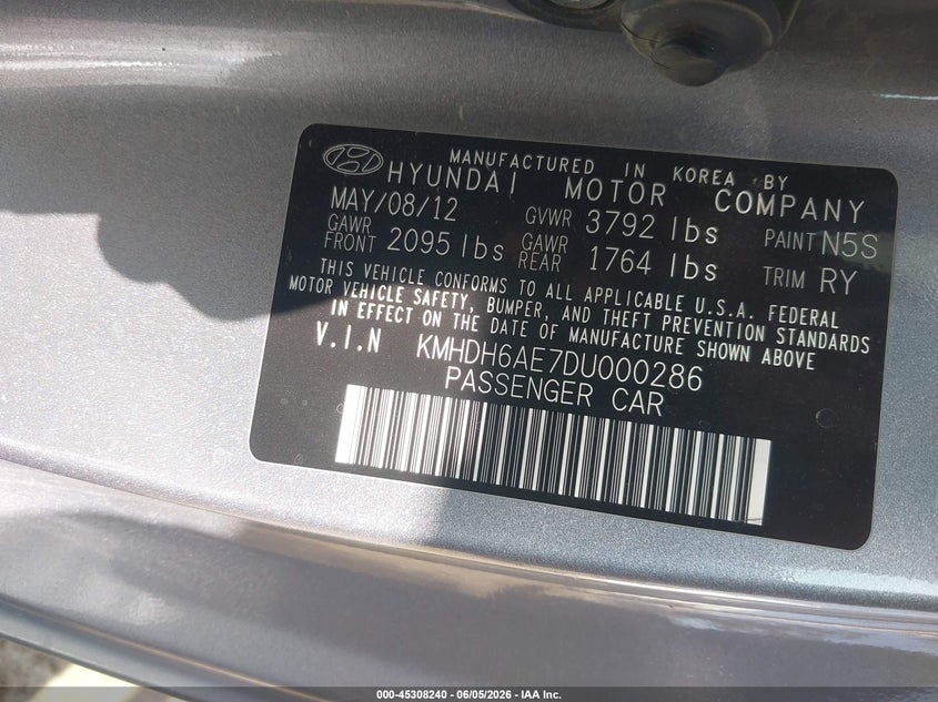 2013 Hyundai Elantra VIN KMHDH6AE7DU000286 IAAI salvage auction — NORMAL WEAR, Clear - Dealer Only (California), sold $500 on 2026-07-07 (photo 9)