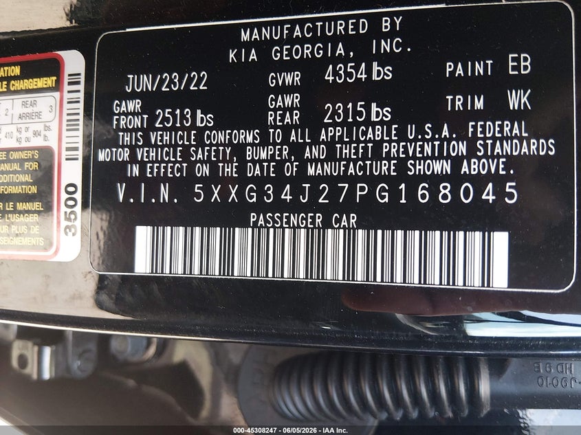 2023 Kia K5 VIN 5XXG34J27PG168045 IAAI salvage auction — HAIL, Salvage Title, sold $12,000 on 2026-07-14 (photo 9)