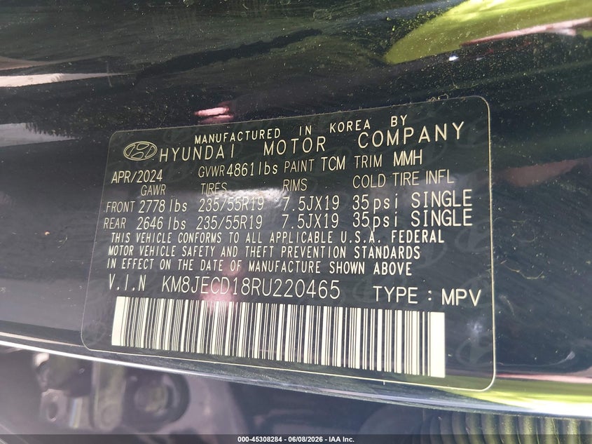 2024 Hyundai Tucson VIN KM8JECD18RU220465 IAAI salvage auction — ROLLOVER, Salvage Title, sold $25 on 2026-07-28 (photo 9)