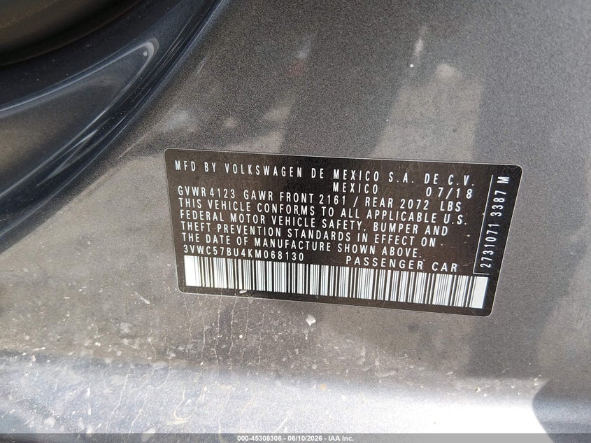 2019 Volkswagen Jetta VIN 3VWC57BU4KM068130 IAAI salvage auction — FRONT END, Salvage (Illinois), sold $1,900 on 2026-07-10 (photo 9)