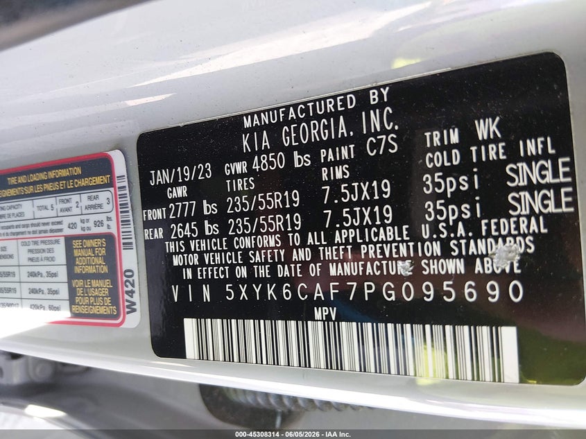 2023 Kia Sportage VIN 5XYK6CAF7PG095690 IAAI salvage auction — REAR END, Wait Title, sold $7,300 on 2026-08-20 (photo 9)