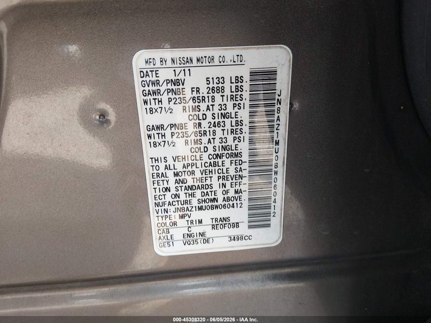 2011 Nissan Murano VIN JN8AZ1MU0BW060412 IAAI salvage auction — FRONT END, Salvage (North Carolina), sold $550 on 2026-07-08 (photo 9)