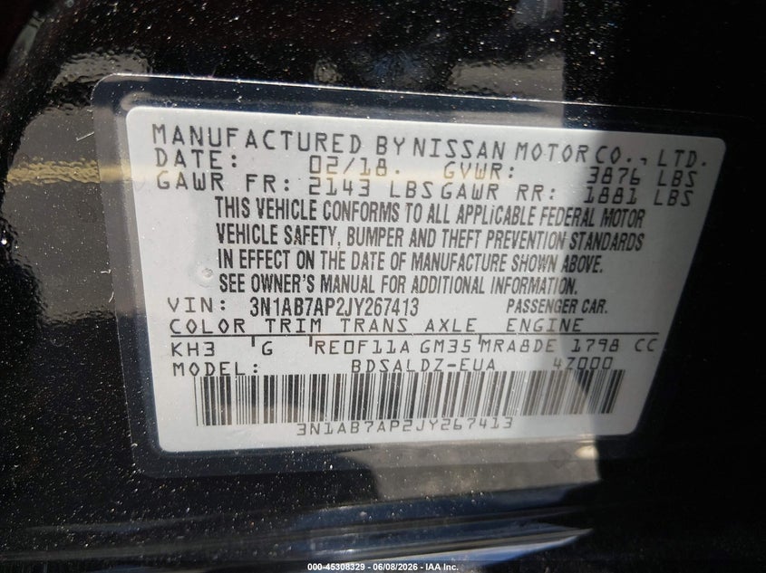2018 Nissan Sentra VIN 3N1AB7AP2JY267413 IAAI salvage auction — FRONT END, Salvage Title, sold $700 on 2026-07-05 (photo 9)