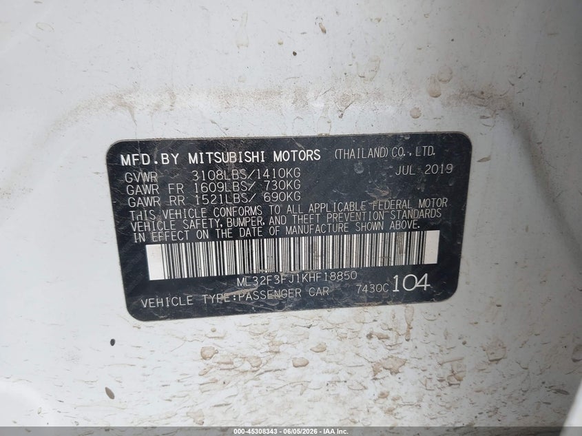 2019 Mitsubishi Mirage VIN ML32F3FJ1KHF18850 IAAI salvage auction — FRONT END, Salvage Title, sold $1,050 on 2026-07-16 (photo 9)